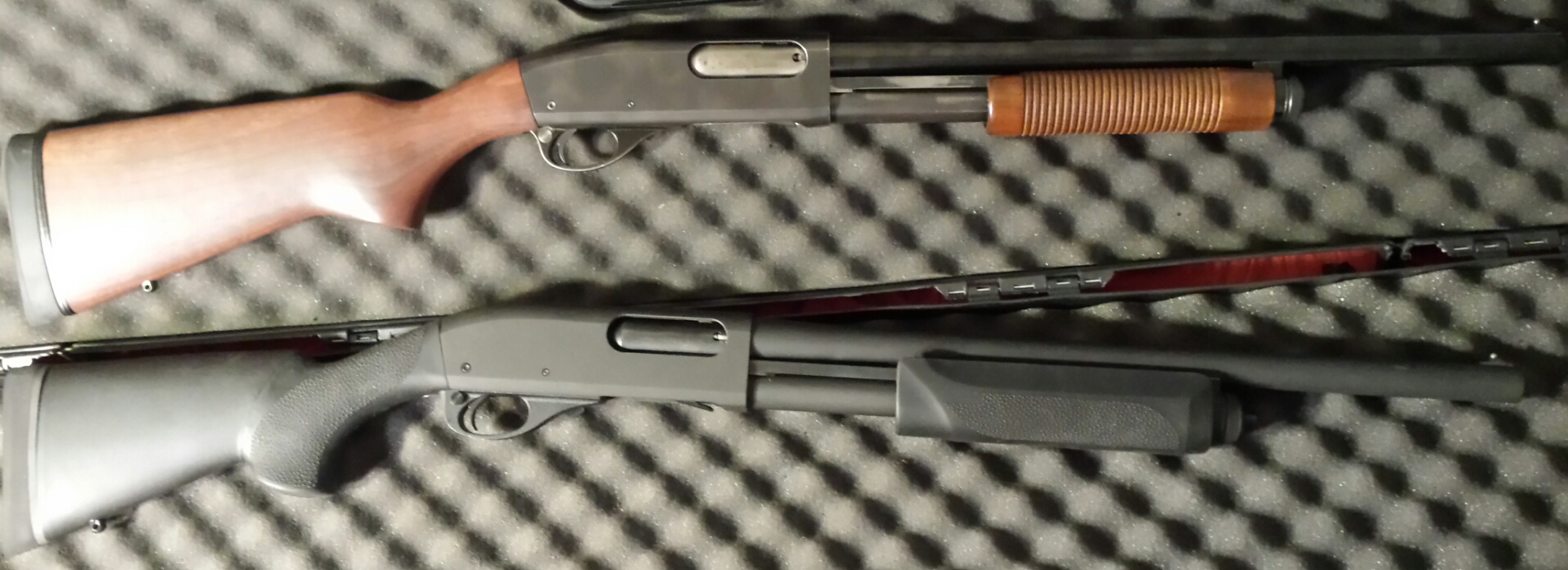 Wingmaster with new 18.5&quot; blued police barrel, bead sight, fixed IC choke, Police walnut stock, original corn cob fore end. It also has the original steel magazine follower, with no rust. I'm a big fan.<br />The other one is my new (still only 50 rounds) police magnum with the Hogue short lop stock and fore end for the girlfriend. Parkerized finish. Also an 18.5&quot; fixed IC choke bead sight barrel. Van Comp stainless follower (I have the one with the hole in it, I think it's VC).