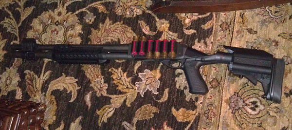 Parkerized Remington 870 Tactical, Knoxx SpecOps Recoil Reducing Stock, Blackhawk Stock Shell Holder, CAA Forend Parkerized Remington 870 Tactical, Knoxx SpecOps Recoil Reducing Stock, Blackhawk Stock Shell Holder, CAA Forend