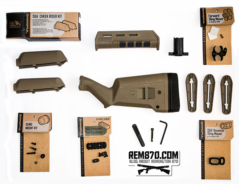 Magpul SGA Stock and MOE Forend for Remington 870 with Accessories