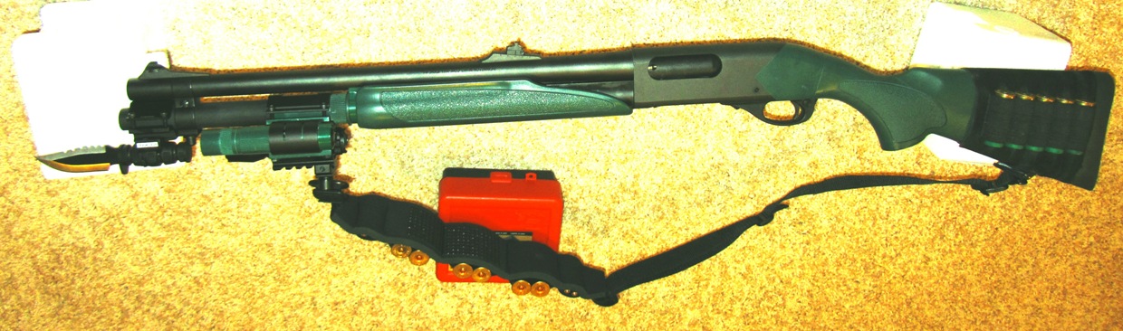 Maglite XL200 offset mount (bayonet doesn't block flashlight)<br />Uncle Mike's ammo carrier, swivel, and sling