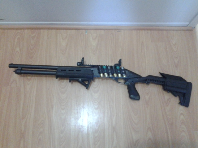 Remington 870 with Knoxx Stock, Knoxx Powerpak, Magpul Forend, GG&G Sidesaddle, AFG grip, Rail