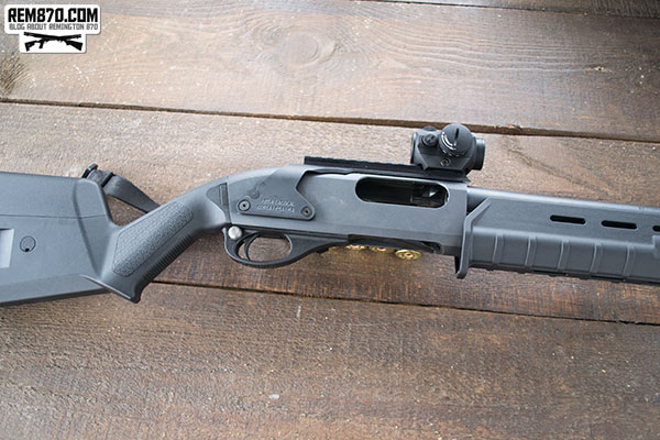 Remington 870 with Aimpoint Red Dot on Mesa Tactical Sidesaddle with Rail