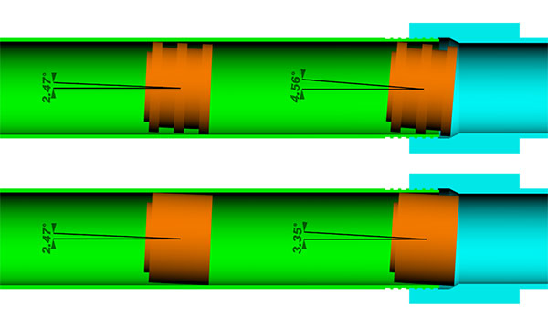 Example of possible tilt for constant-diameter & triple-bearing-band followers with the same maximum diameter & effective body length (dimensions not representative of any actual followers), showing how bearing-band followers are able to tilt significantly more with an unsupported outer band