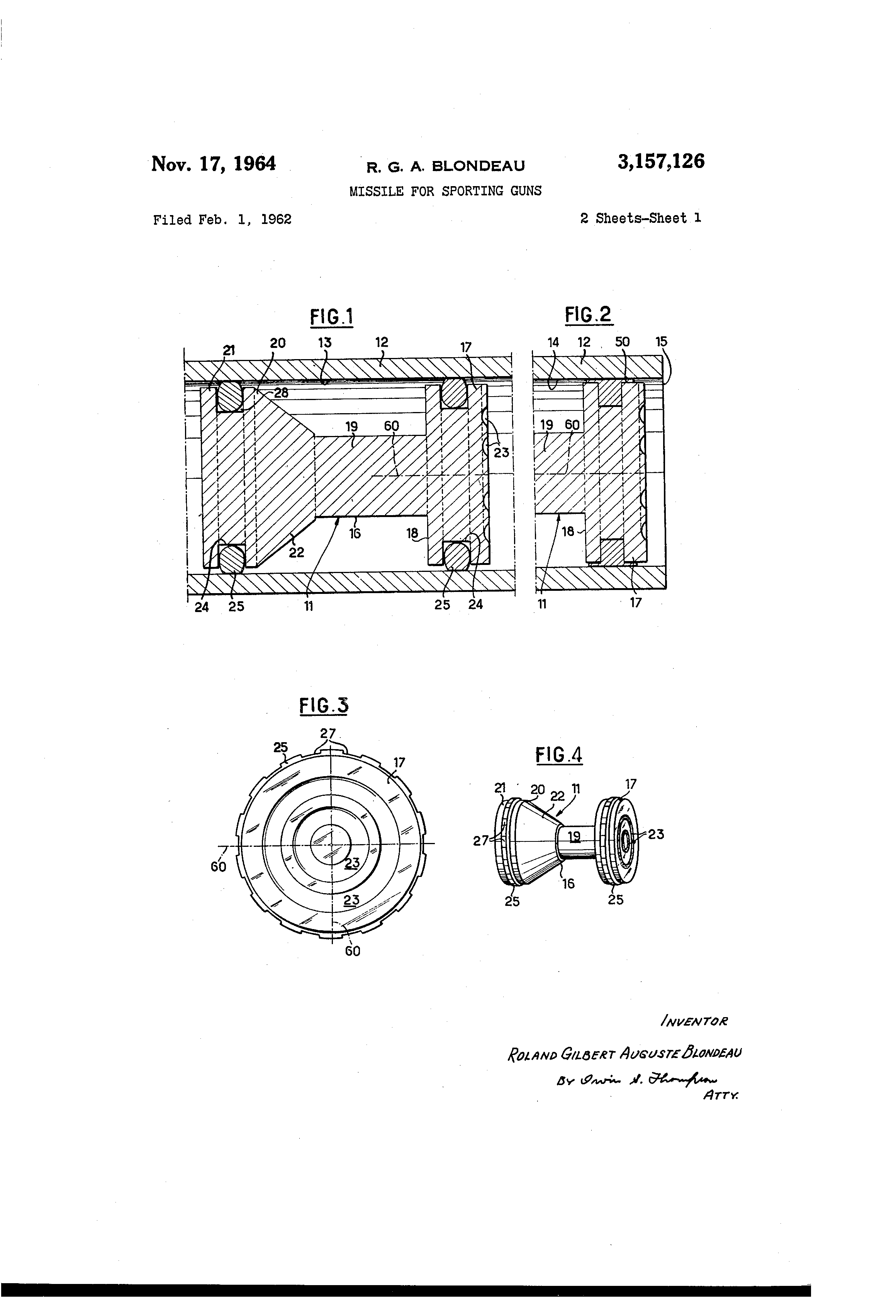 Missile for sporting guns scheme by Roland Blondeau. US Patent US3157126 A.