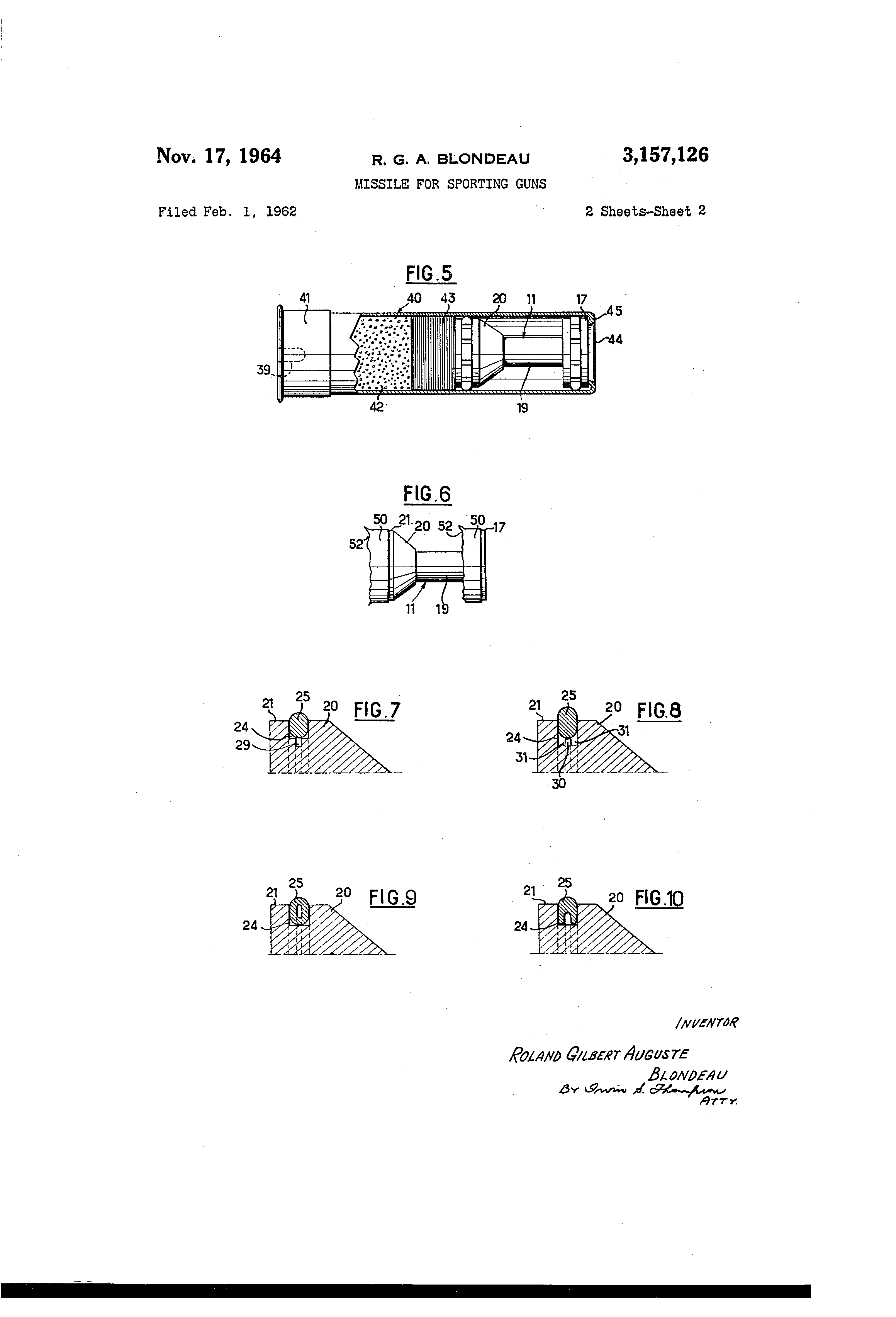 Missile for sporting guns scheme by Roland Blondeau. US Patent US3157126 A.