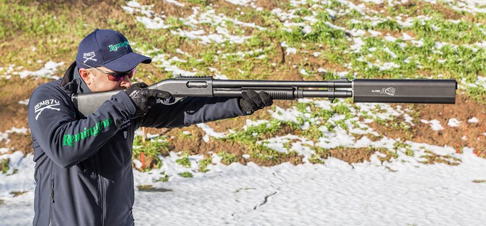 A-Tec A12 Shotgun Silencer/Suppressor on Remington 870 Tactical.