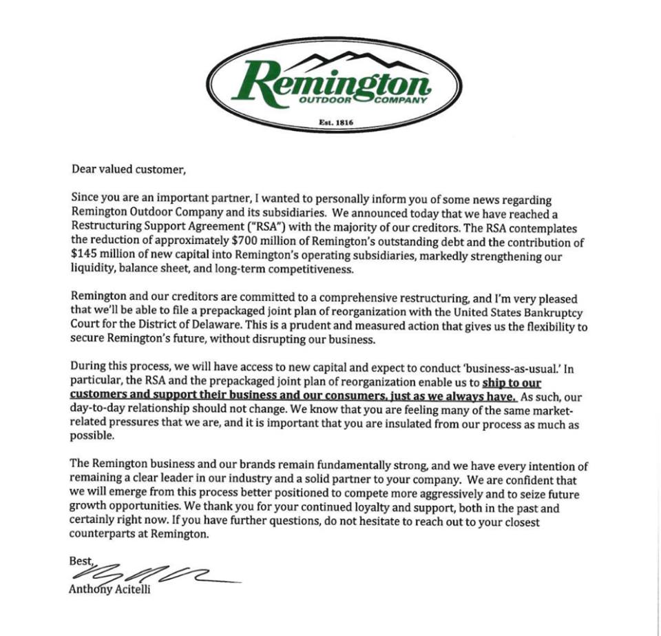 Remington Bankruptcy? It's OK! Debt reduced by $700 million and received $145 million